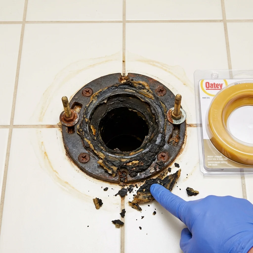 Failed wax ring showing water seepage at the base of a toilet in a Bristol, RI home
