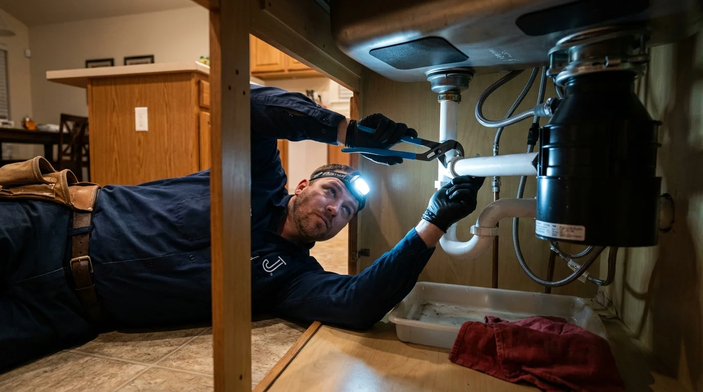 P-trap and supply line connections under a kitchen sink showing a common leak point in Bristol, RI